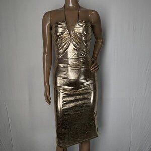 Adriana Degreas Women’s Golden Frilled Halter Midi Dress